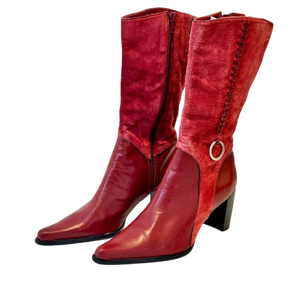 Vintage Red Suede Leather Boots 80s Retro Western Rodeo Rocker Aesthetic 7.5 - Picture 3 of 6